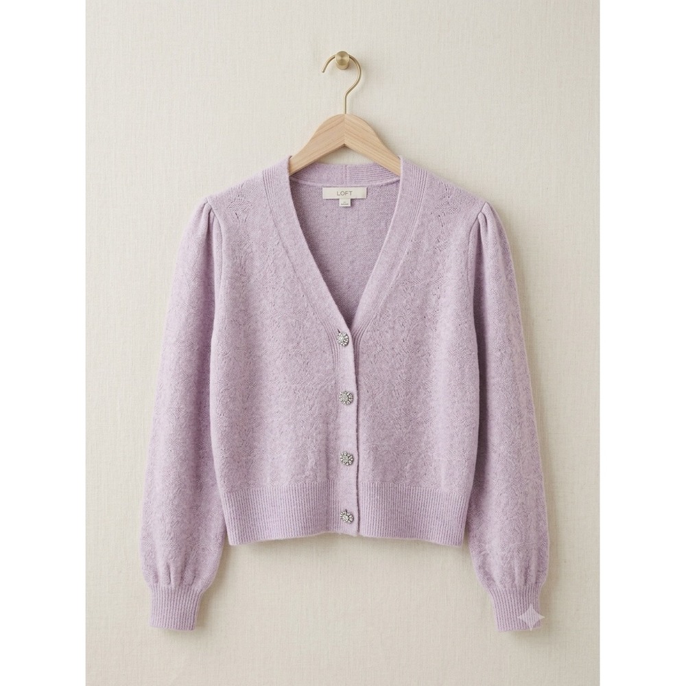 Loft Womens Lavender Purple Rhinestone Button Puff Sleeve V-Neck Cardigan Small